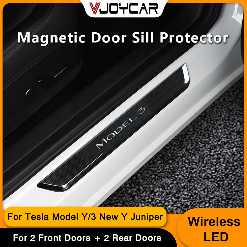 New Wireless LED Illuminated Pedal Magnet Car 4x Door Sills Protector Model 3 Y Door Edge Protectors For Tesla New Y Juniper