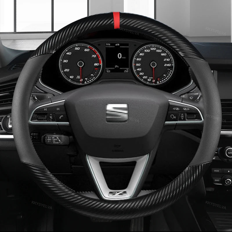 Carbon Fiber+Leather Car Steering Wheel Cover Non-Slip 38cm For Seat Tarraco Arona Ateca Ibiza Toledo Mii Leon Arosa Exeo ST FR