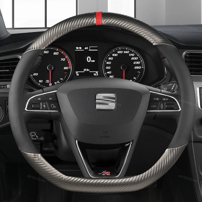 Carbon Fiber+Leather Car Steering Wheel Cover Non-Slip 38cm For Seat Tarraco Arona Ateca Ibiza Toledo Mii Leon Arosa Exeo ST FR