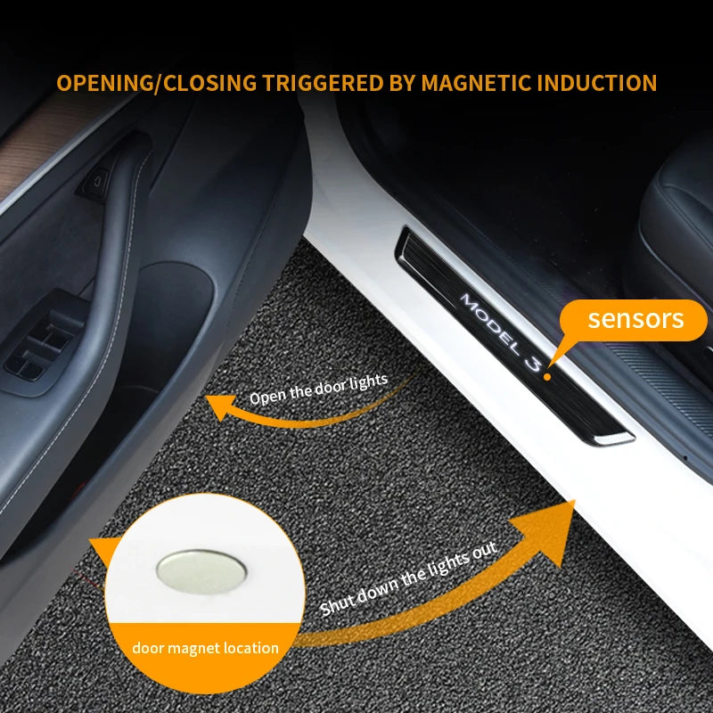 New Wireless LED Illuminated Pedal Magnet Car 4x Door Sills Protector Model 3 Y Door Edge Protectors For Tesla New Y Juniper
