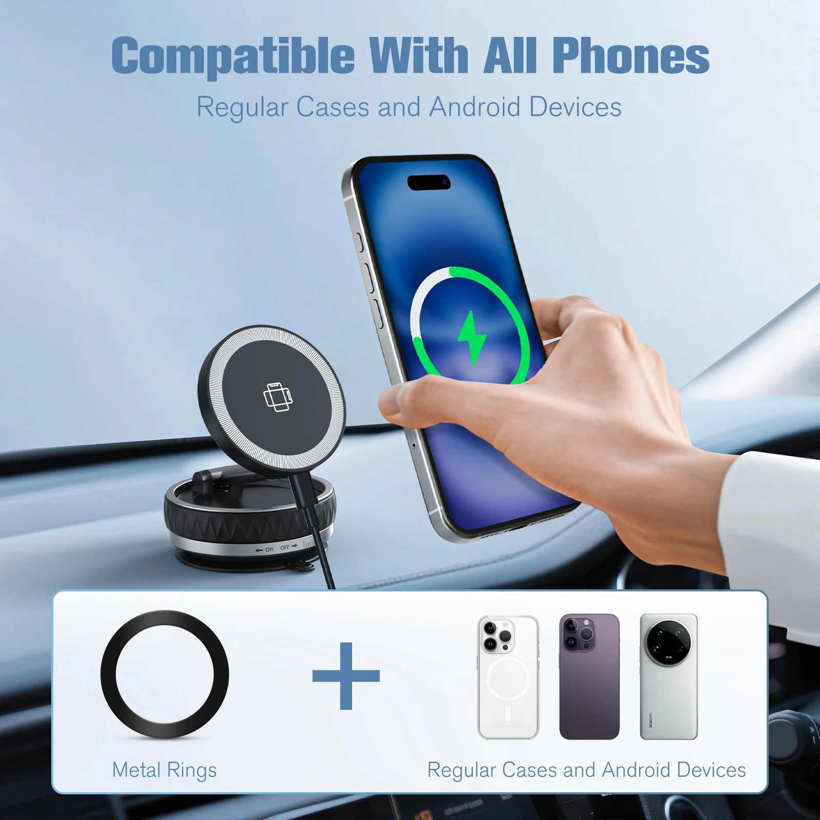 15W Wireless Car Charger Phone Holder N55 Magnetic Vacuum Fast Charging Station Portable 360° Rotatable for iPhone All Phones