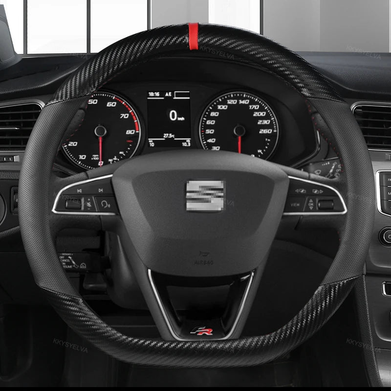Carbon Fiber+Leather Car Steering Wheel Cover Non-Slip 38cm For Seat Tarraco Arona Ateca Ibiza Toledo Mii Leon Arosa Exeo ST FR