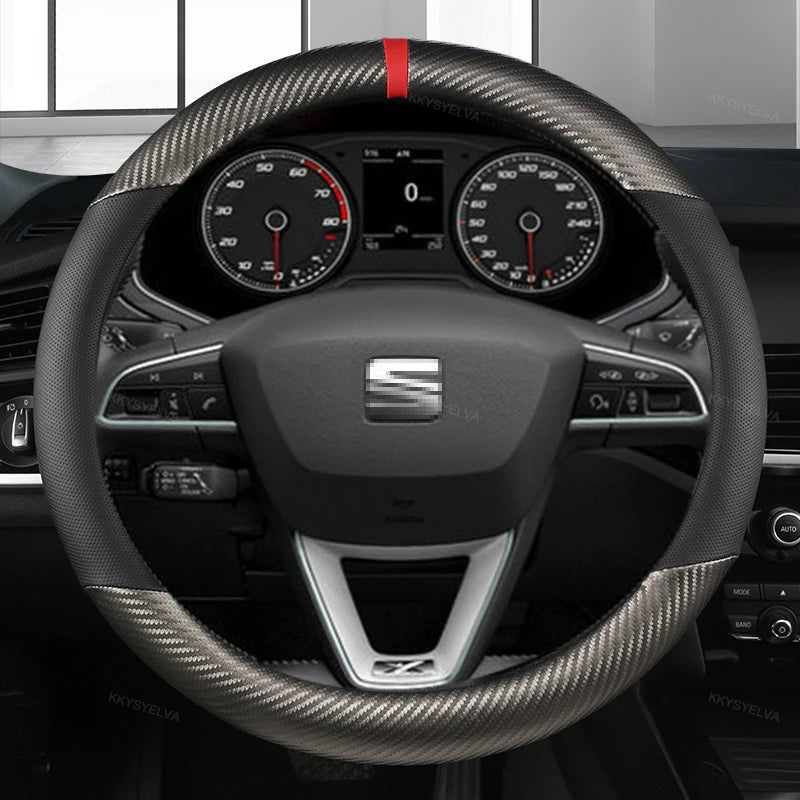 Carbon Fiber+Leather Car Steering Wheel Cover Non-Slip 38cm For Seat Tarraco Arona Ateca Ibiza Toledo Mii Leon Arosa Exeo ST FR