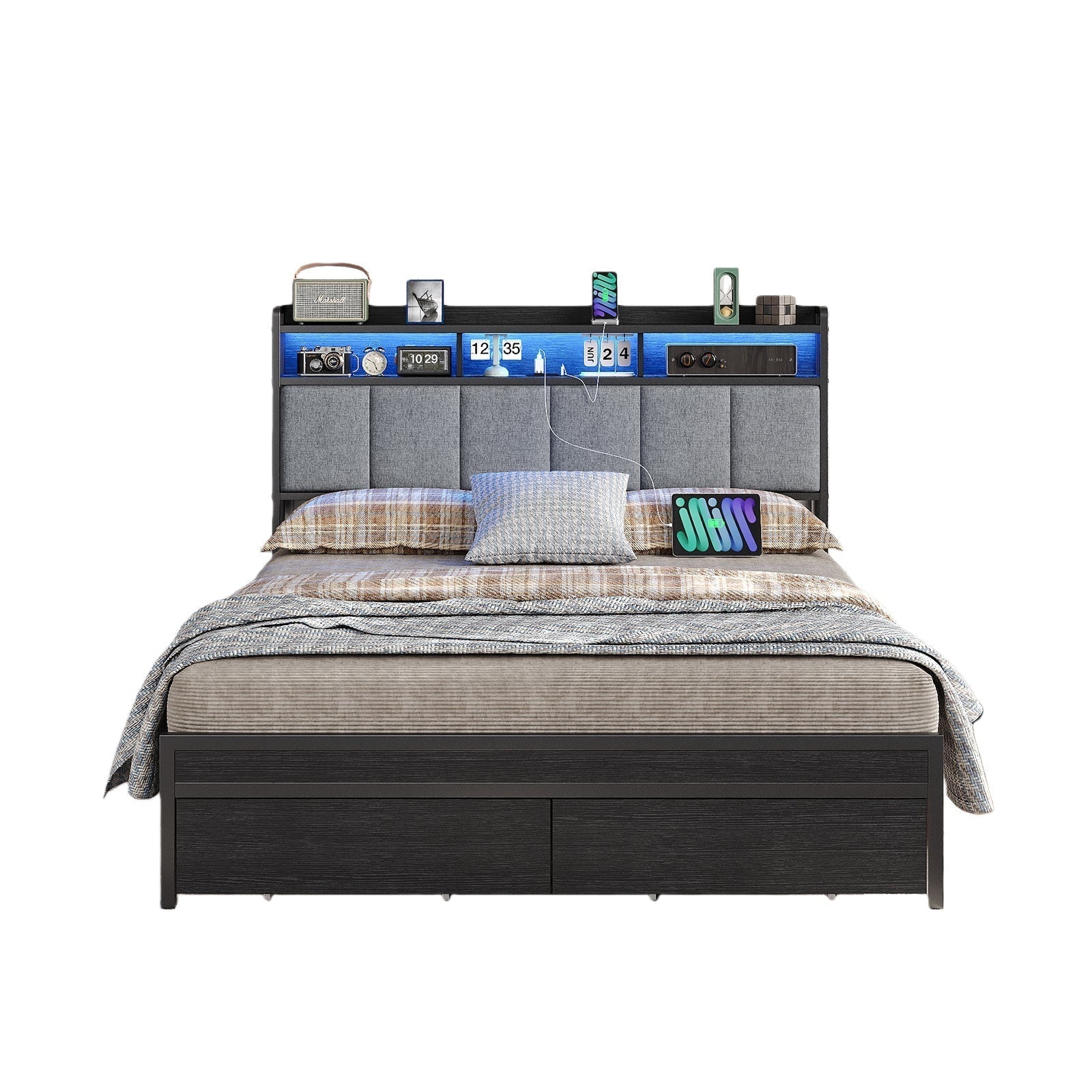 Full RGB LED Bed Frame w/ USB Charging, Storage Drawers, No Box Spring Needed Black - Vektaya