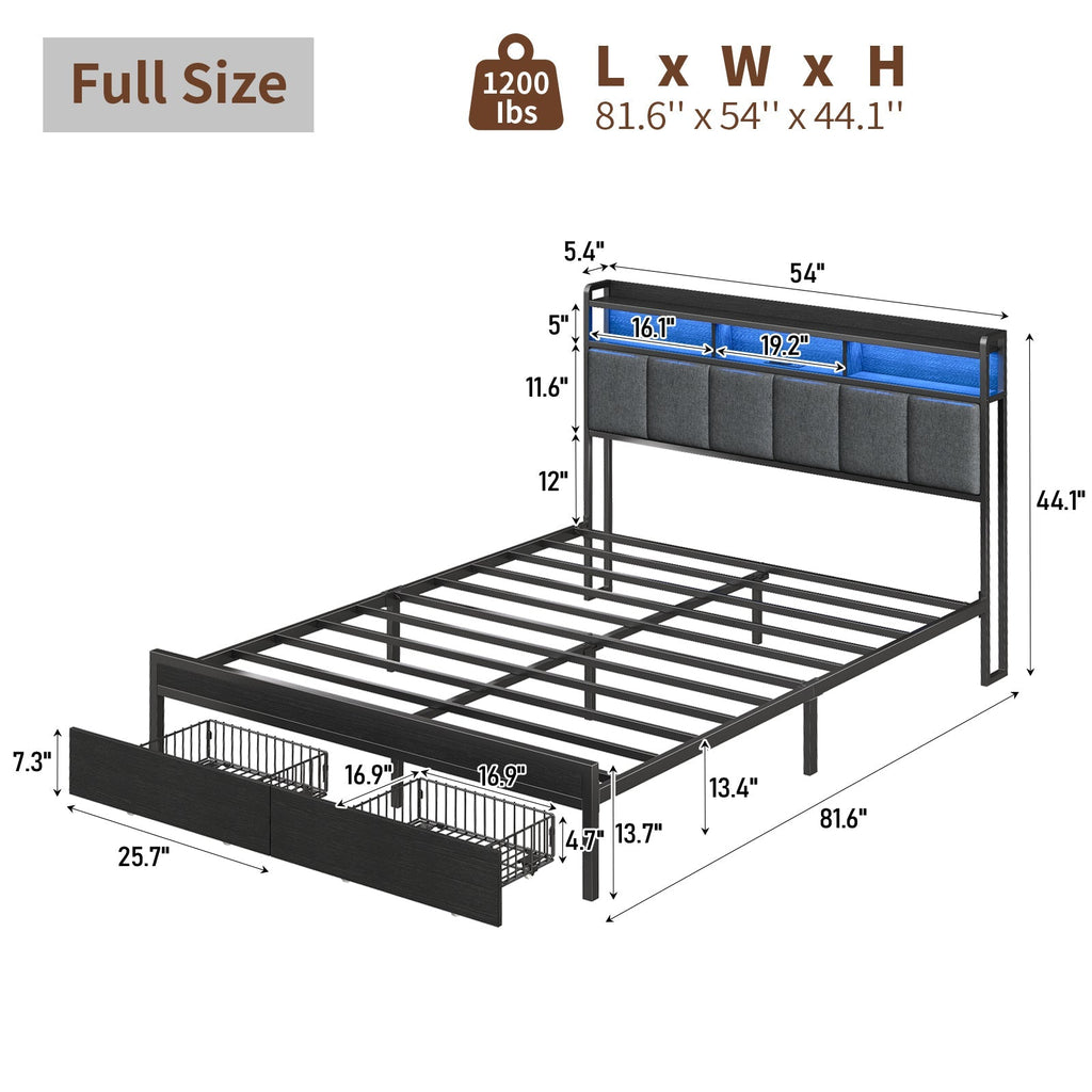 Full RGB LED Bed Frame w/ USB Charging, Storage Drawers, No Box Spring Needed Black - Vektaya