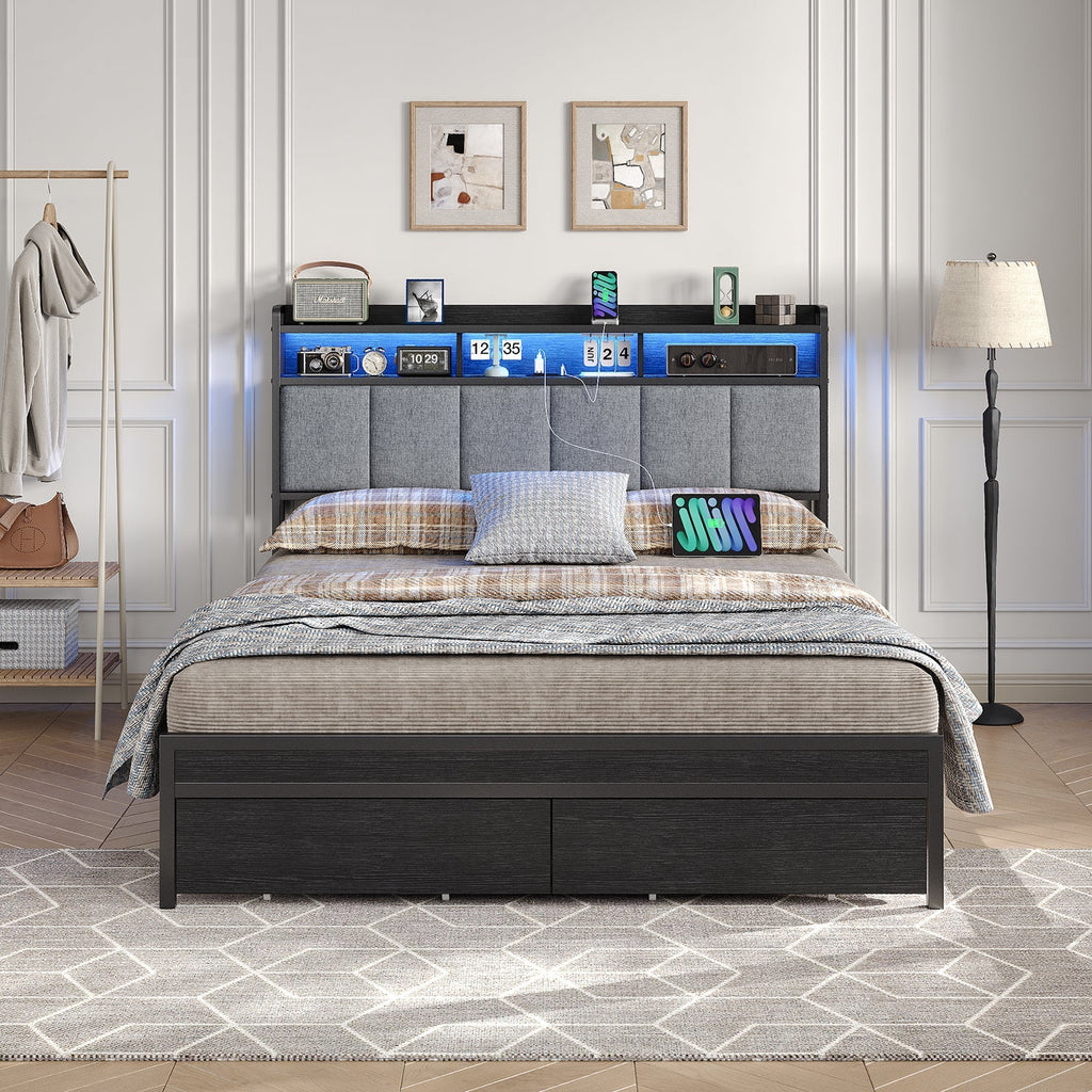 Full RGB LED Bed Frame w/ USB Charging, Storage Drawers, No Box Spring Needed Black - Vektaya