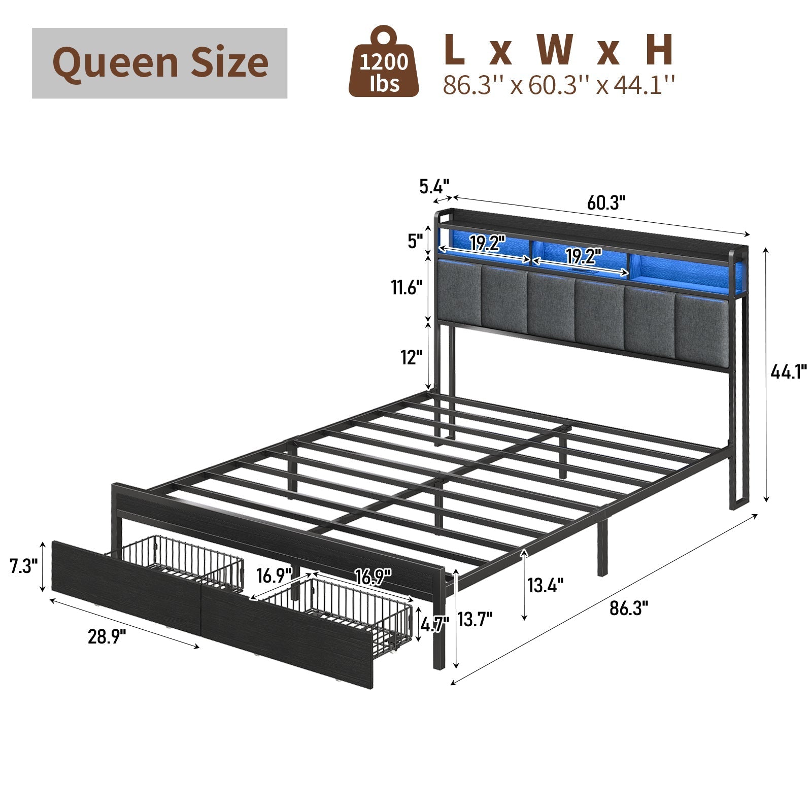Full RGB LED Bed Frame w/ USB Charging, Storage Drawers, No Box Spring Needed Black - Vektaya